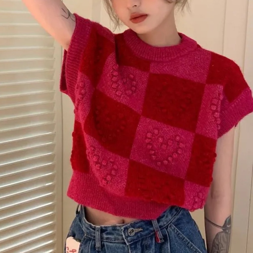 ZARA Pink & Red Heart Checkerboard Knit Sweater Vest Size L